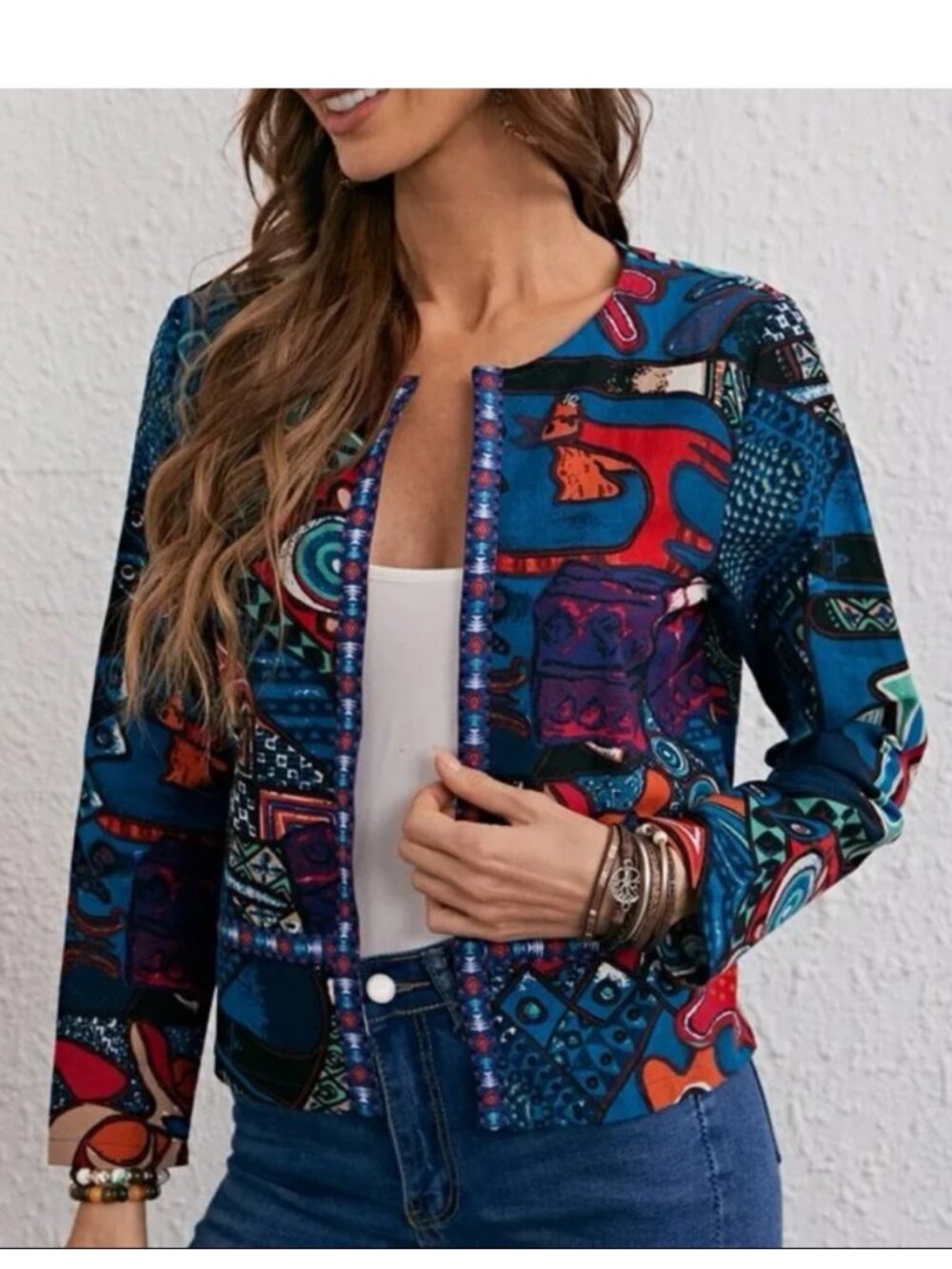 Jacket Blue Mod Art-Print Cotton Retro Art to Wear Maximalism 80's Contemporary